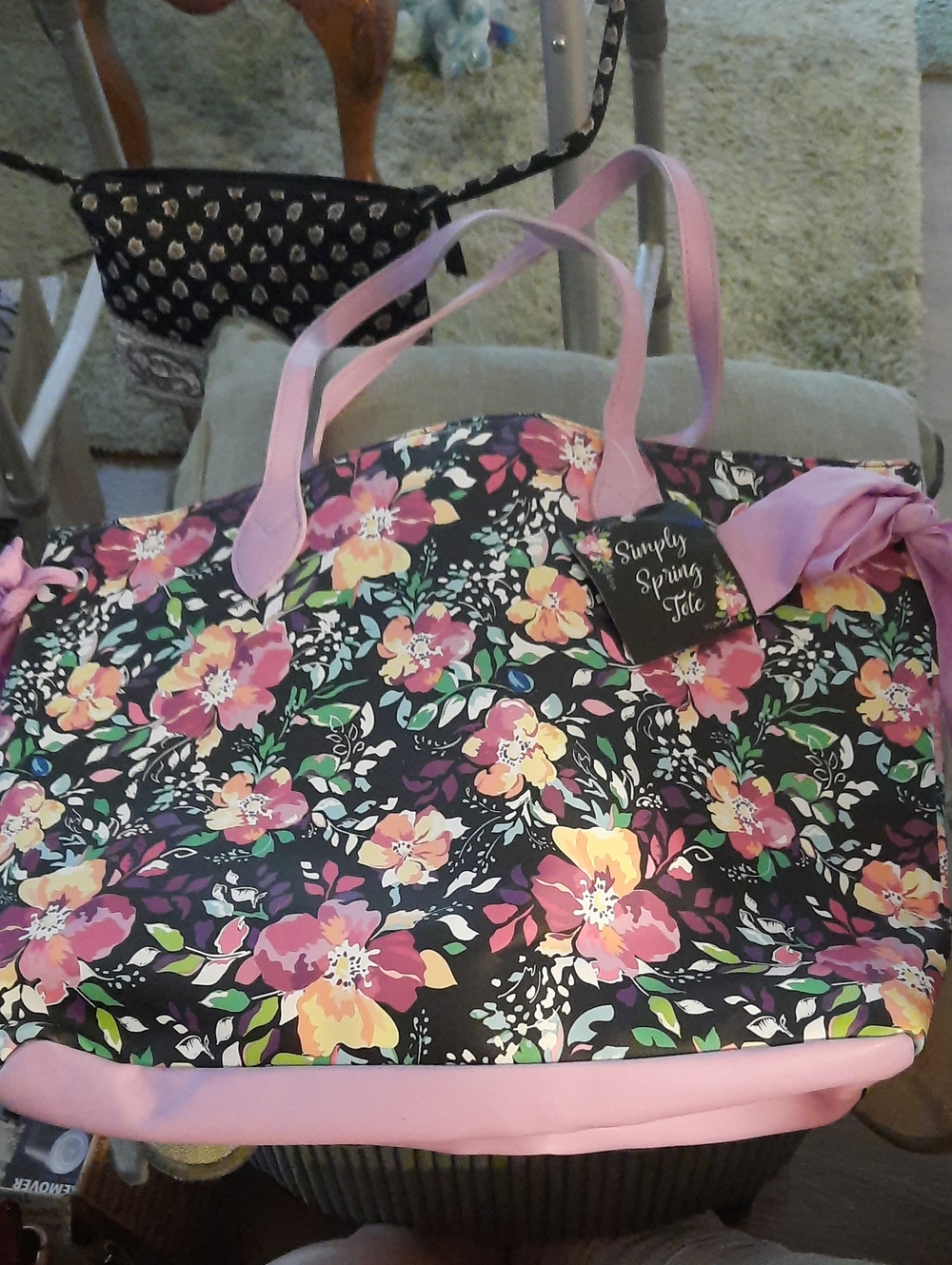 Pink Floral Tote Bag with Light Pink Handles~18x13x4